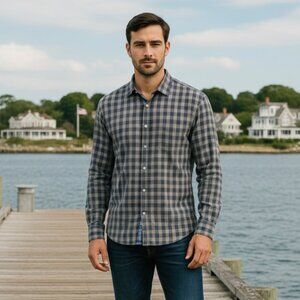 John Varvatos Plaid Button Down Shirt, Blue Grey Cream, Size Small
